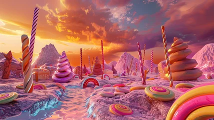 Zelfklevend Fotobehang Rood Hyperrealistic candy landscape under a laser-lit sky, pharmacology meets sweet fantasy. Twelfth Dimension angle reveals hidden depths, low noise, no overlay.
