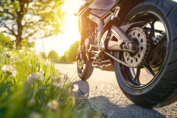motorcycle on the road, summer tires in the blooming spring in the sun, Generative AI