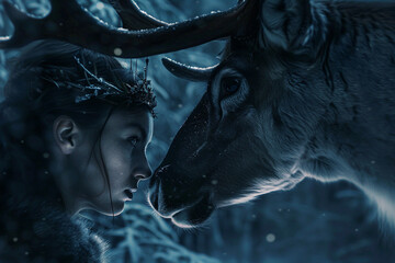 In the dim light of twilight, a siren and reindeer lock eyes
