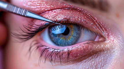 In a close-up against a soft pink background, a woman gently tends to her eyelashes and eyebrows using tweezers, showcasing the art of personal grooming. - obrazy, fototapety, plakaty