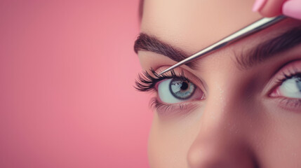 In a close-up against a soft pink background, a woman meticulously tends to her eyelashes and eyebrows with tweezers, showcasing the importance of personal grooming.