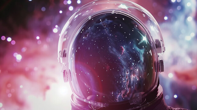 Mysterious artist fuses clear helmet with narrative anamorphosis amid a nebula backdrop. Natural lighting illuminates the secrecy of storytelling norms.