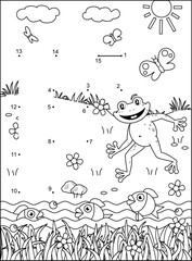 Letter F dot-to-dot activity sheet and coloring page. F is for frog. F is for fish. F is for fish flock. F is for flowers.
