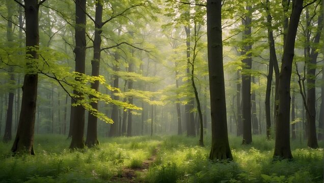 The delicate whisper of leaves rustling as a gentle breeze dances through a forest reborn in the warmth of spring Generative AI