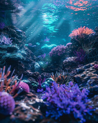 Naklejka na ściany i meble Underwater scene, coral reefs in vibrant colors, forming natural geometric patterns. A strange, solitary light burns underwater. Hyperrealistic, low noise, no overlay.