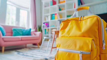 A close-up of a school backpack containing school supplies.