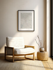 Modern living room interior design in boho style: armchair in trendy, frame on gray wall.