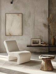 Minimalist modern living room interior design in boho style: fashionable armchair, frame on a gray wall.