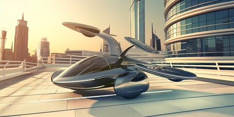 Futuristic flying car concept landing in a modern city