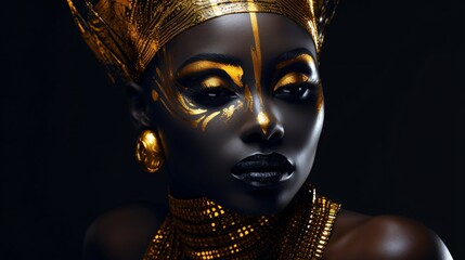 a woman with gold makeup and gold jewelry