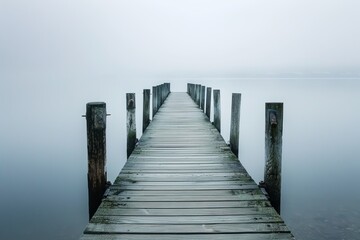 A wooden pier extending out over a calm lake. - obrazy, fototapety, plakaty