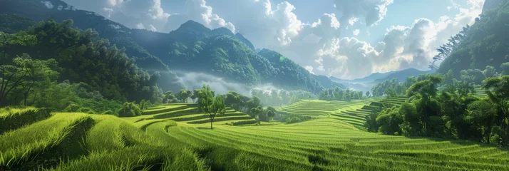 Foto auf Leinwand panorama with rice plantations. rice cultivation. a calm landscape, nature without people. © MaskaRad