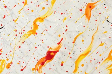Delicate abstract condiment motifs, evoking the tangy flavors of spicy mustard and savory ketchup, grace a pristine white backdrop, adding a burst of flavor to the culinary tableau. - obrazy, fototapety, plakaty
