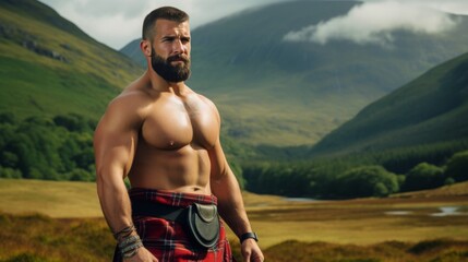 a bearded man in a red kilt with a bare torso against the background of a valley with mountains.