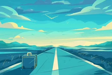 Zelfklevend Fotobehang A colorful illustration capturing the spirit of travel with a suitcase on an open road and a plane in the sky, embodying adventure and wanderlust. © Rade Kolbas