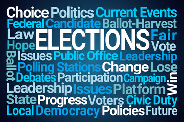Elections Word Cloud on Blue Background - 772004253