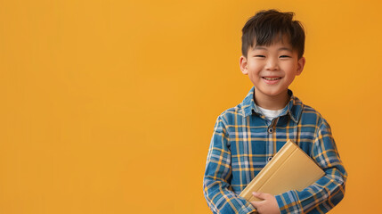 Photo of young happy dreamy charming boy smile hug book isolated on yellow color background