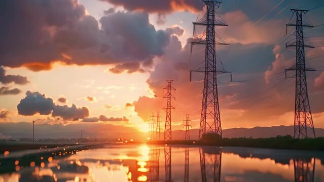 view of high voltage electricity poles and sunrise