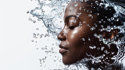 Fototapeta na wymiar Close-up of a serene woman's face with water splash around her. Skincare and SPA concept.