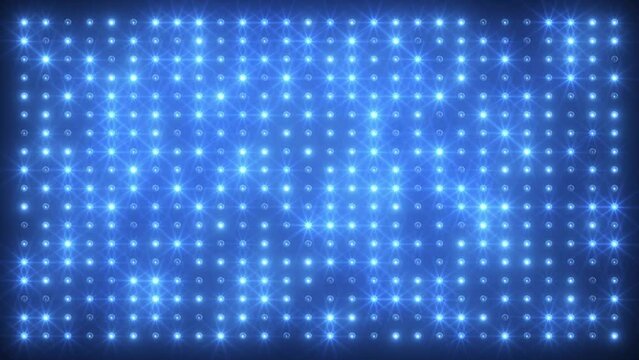 Video animation of an abstract glowing blue LED wall with bright light bulbs - abstract background.