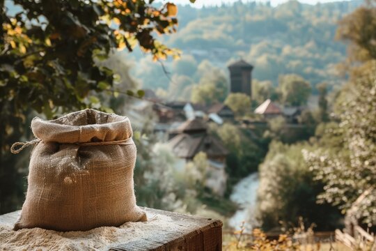Vintage sack of flour and ears of grain, against a vintage countryside backdrop. Eco concept. Rural lifestyle. Farming. For banners, posters, postcards. Place for text. Layout, Mockup.