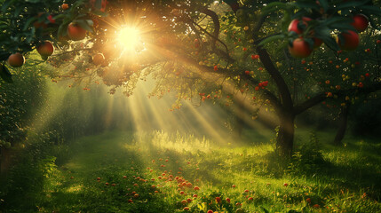 Morning sunlight pierces through an apple orchard, rays illuminating the ripe fruits and dewy grass, signifying a new day.