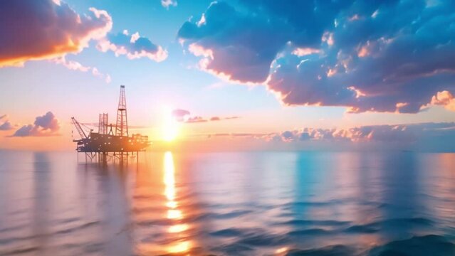 Sunset view with silhouette of oil rig in the sea. Offshore oil drilling