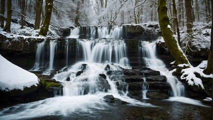 A majestic waterfall, swollen with melting snow, cascades through a forest vibrant with the life of spring Generative AI