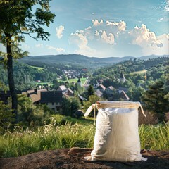 Vintage sack of flour and ears of grain, against a vintage countryside backdrop. Eco concept. Rural...