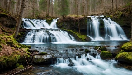 A majestic waterfall, swollen with melting snow, cascades through a forest vibrant with the life of spring Generative AI