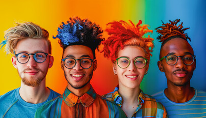 paper coated four cheerful young people in cool colors, collage style, spectrum of colors, yellow...