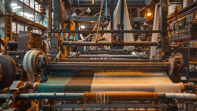 textile industry with weaving machines. video 4k