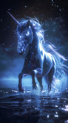 Mystical Unicorn Glowing in Night Waters