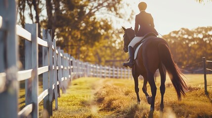 Interacting with animals improves people's mental health. A horse with a rider in a corral runs along a white fence - obrazy, fototapety, plakaty