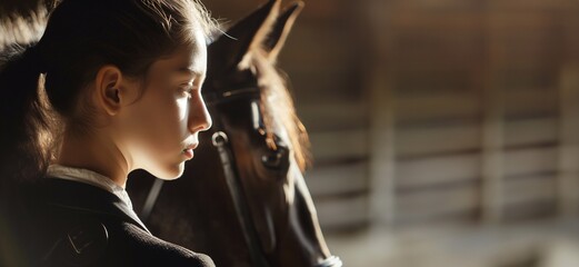 A student girl at an equestrian academy in a corral with a horse. Portrait in profile of a beautiful young woman and the muzzle of a horse illuminated by daylight in a dark stable - obrazy, fototapety, plakaty