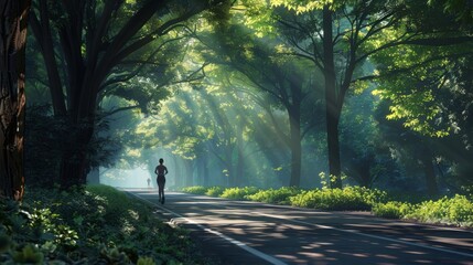 Runner on forest path - obrazy, fototapety, plakaty