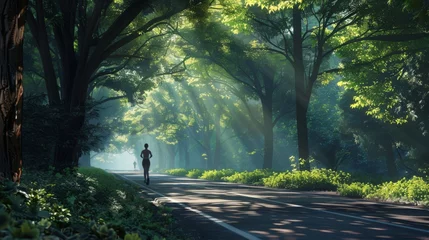 Zelfklevend Fotobehang Runner on forest path © Thanunchnop