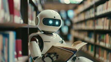 AI robot sitting and reading book in library. Artificial intelligence, Machine learning, Innovation, 