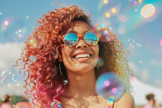 a woman with curly red hair and sunglasses