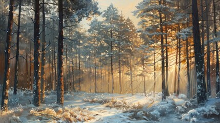 Sun rays piercing snowy forest at dawn