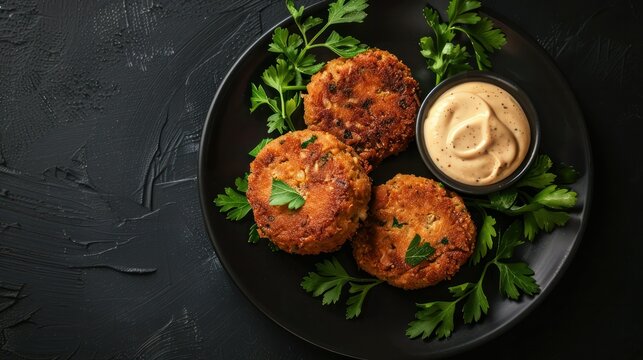 Chickpea falafel with sauce on black plate and black background 