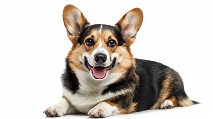 Tricolor Corgi smiling and poised on white, happy pet