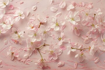 Delicate abstract cherry blossom motifs, resembling delicate confetti, dance across a backdrop of pale blush pink, evoking a sense of ephemeral culinary beauty.