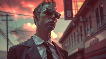a man wearing sunglasses and a suit - obrazy, fototapety, plakaty