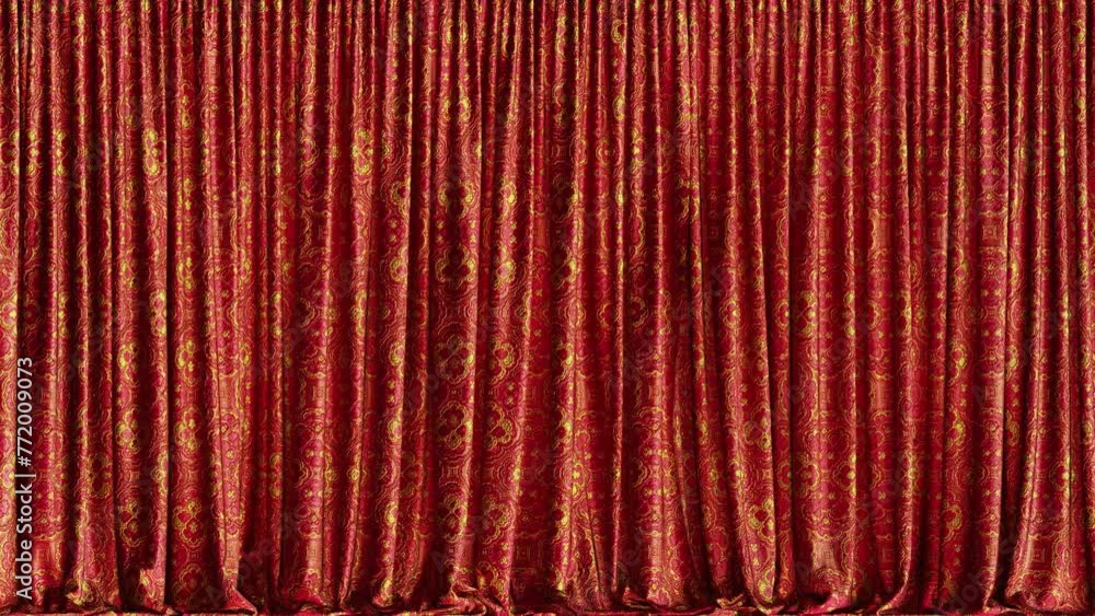 Poster realistic 3d animation of the luxurious textured red curtain with embossed embroidered fancy golden 