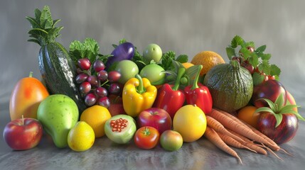 Different fruits and vegetables varieties in a heap - theme health and healthy food and nutrition