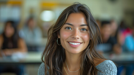 Latino female college student sitting a classroom smiling, student study in class, with copy space, Cheerful Latina female student in a college classroom. Education and young adult learning concept - obrazy, fototapety, plakaty