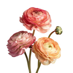 Three pink and yellow hybrid tea roses on a transparent background