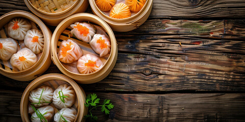 Delicious Asian Dumplings in Bamboo Baskets on Wooden Table with Copy Space, Traditional Homemade Cuisine Concept