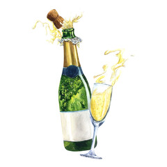 Champagne bottle glass watercolor drawing open. Golden green sparkling party birthday. Christmas festival anniversary holiday drink. Isolated on white background